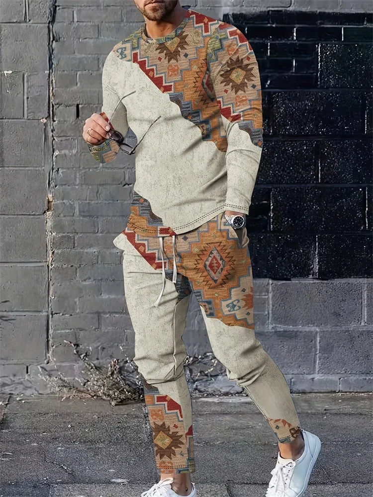 Camiseta de manga larga para hombre, conjuntos de pantalones informales para todos los días, con estampado de los indios africanos, a la moda, primavera y otoño