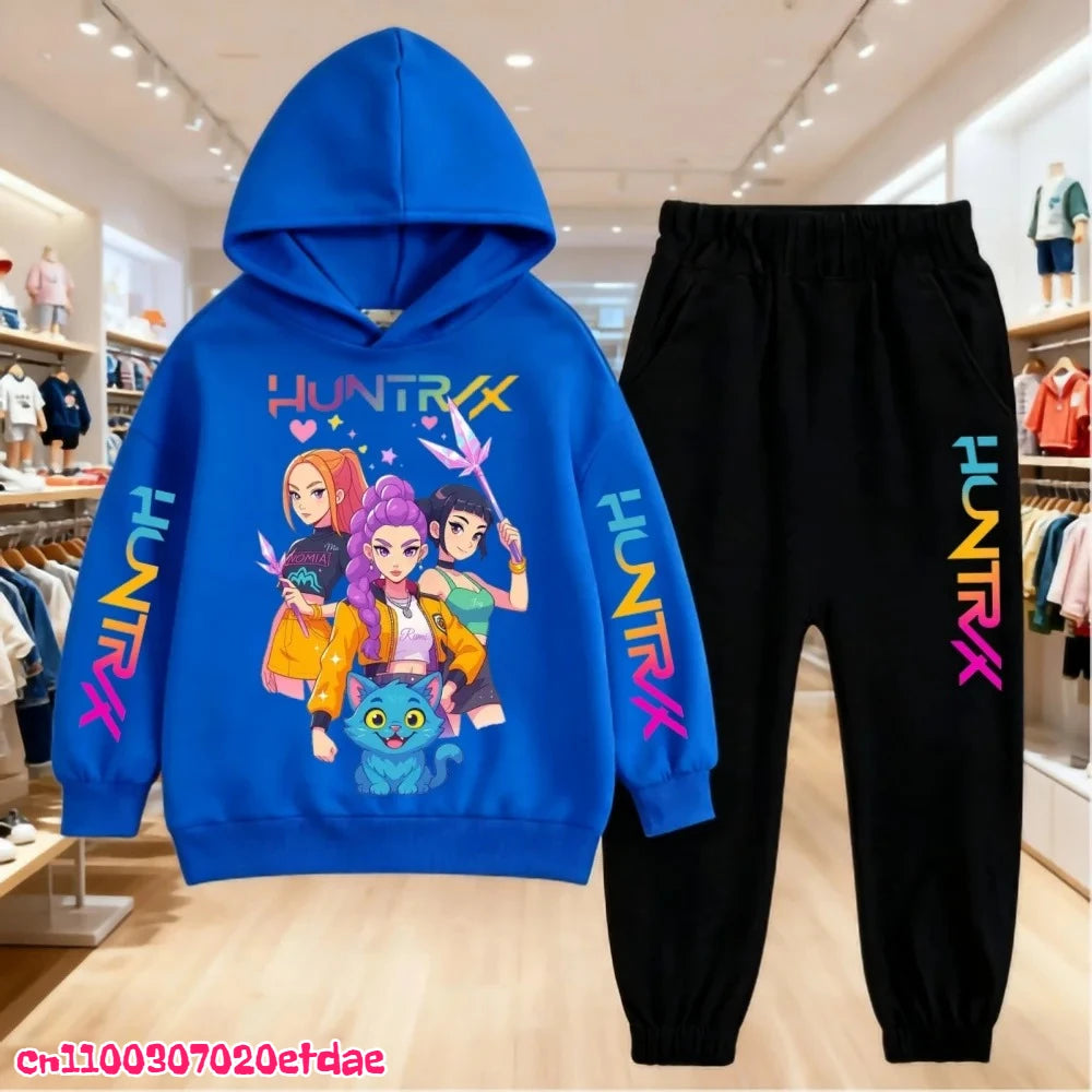 Otoño Invierno Sudadera con capucha para niños KPop Demon Hunters ropa de ocio prendas de vestir exteriores sudadera + Pantalones conjunto 3-12 años niños niñas regalo