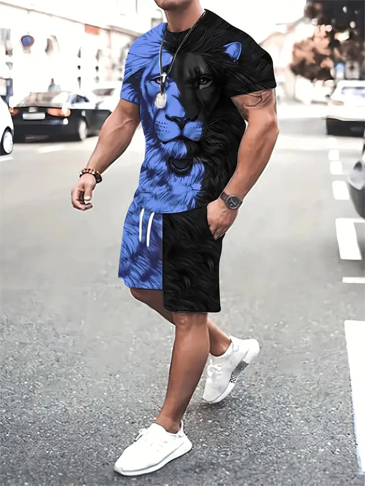 Conjunto Streetwear 3D León Hombre | Camiseta + Pantalón Corto Bicolor