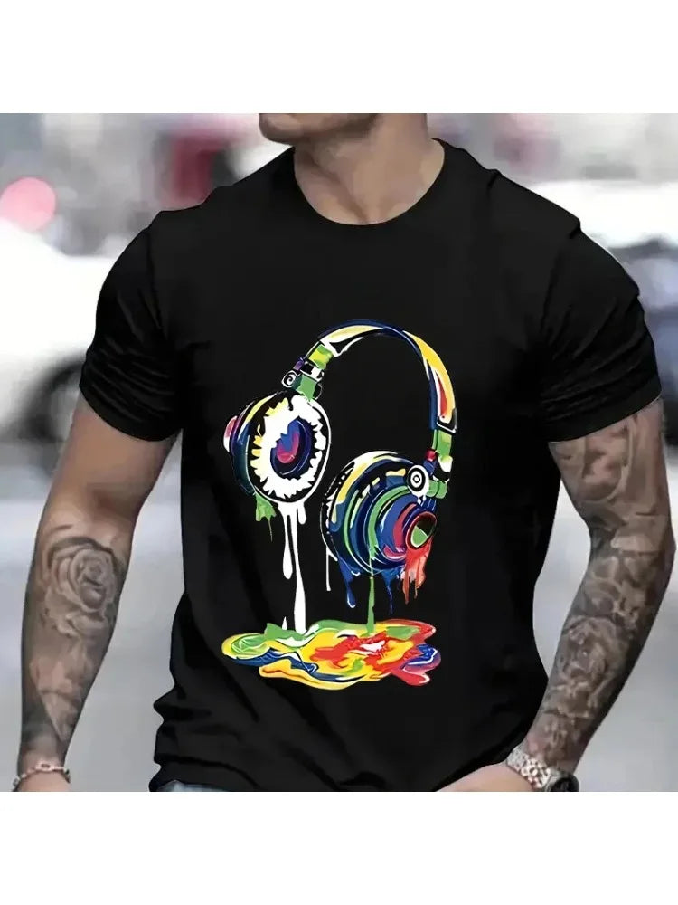 Camiseta de Verano para Hombre, Estilo Hip Hop, con Estampado Gráfico de Auriculares, Ropa Casual Urbana, Divertida, con Estampado Moderno
