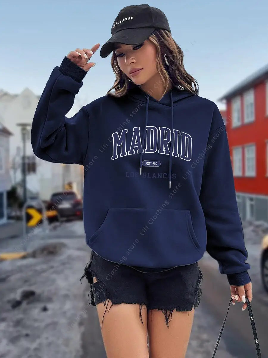 Sudadera con Capucha para Mujer con Estampado de Letras MADRID, Otoño Invierno, Tops de Alta Calidad, Sudadera Estética, Camisa con Capucha, Ropa Holgada para Mujer