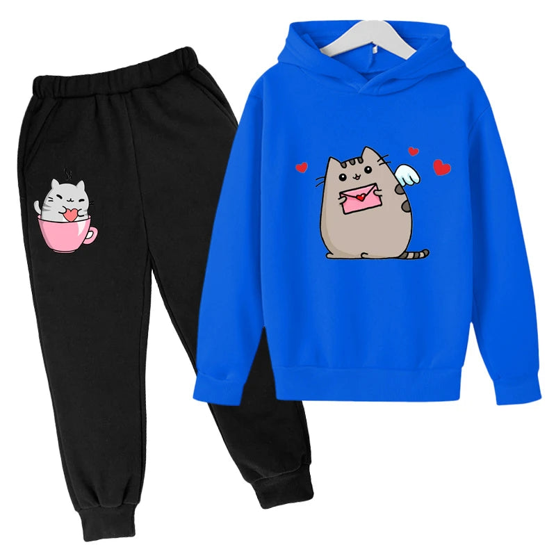 Sudadera con capucha con estampado de gato de Nutella para niños, ropa divertida para niñas y niños, conjuntos de ropa Harajuku Kawaii para niños, Invierno