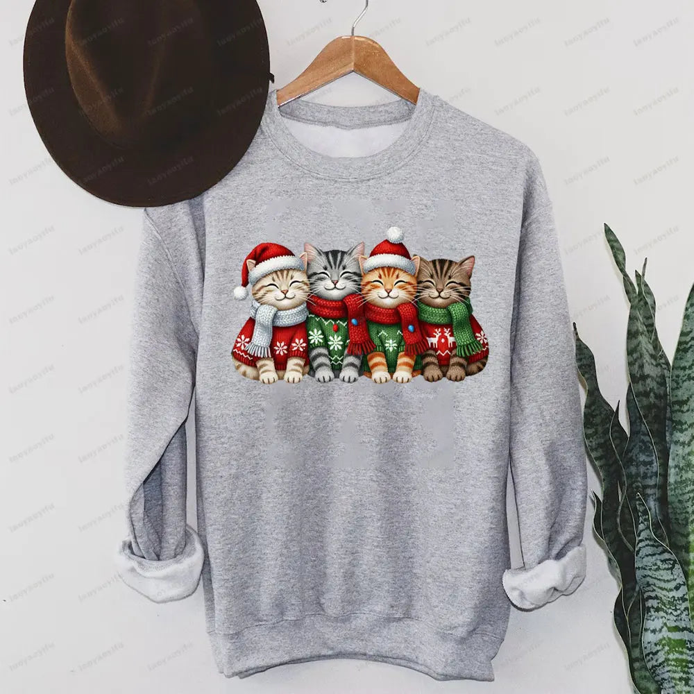 Suéter de mujer con estampado de gatos de Navidad de hilo falso, sudadera de sublimación navideña de gatitos de ganchillo, Sudadera con capucha de regalo de Navidad Kawaii para niña