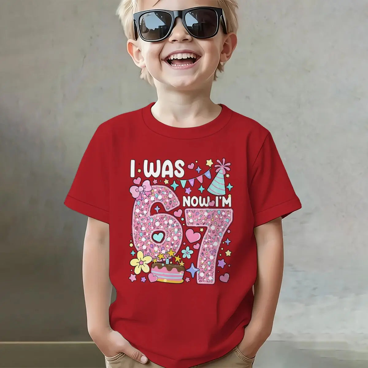 Camiseta para niñas con estampado de números, de algodón, de manga corta y cuello redondo, para el séptimo cumpleaños, con la frase 'I Was 6 Now I'm 7', para niñas de 7 años