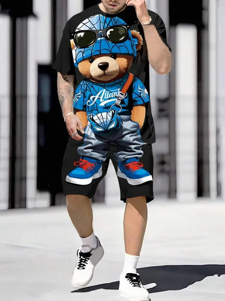 2025 nuevo conjunto de pantalones cortos de manga corta para hombre de verano, pantalones cortos de playa al aire libre para hombre, conjunto de 2 piezas, estampado 3D