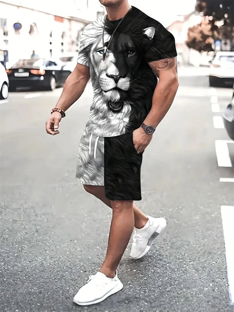 Conjunto Streetwear 3D León Hombre | Camiseta + Pantalón Corto Bicolor