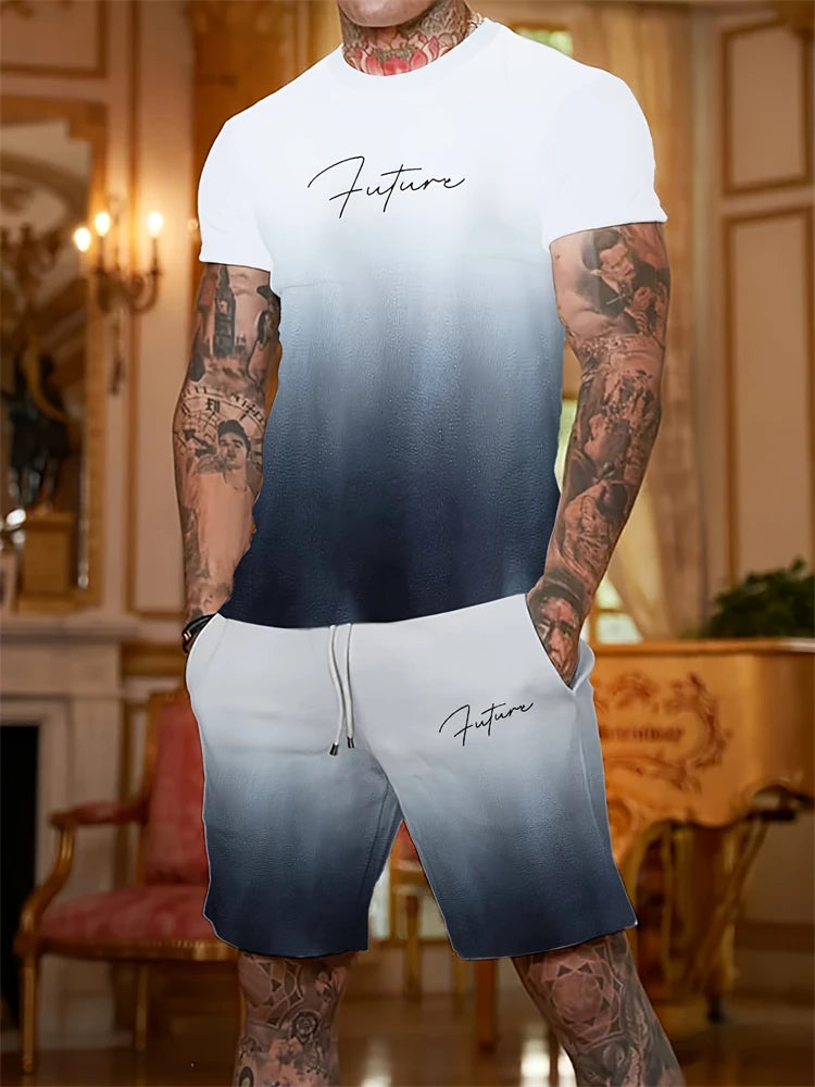 Nuevo traje corto de manga corta con cuello redondo para hombre, moderno y sencillo para actividades al aire libre y uso diario, conjunto de dos piezas