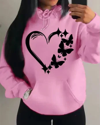 Sudadera con capucha con estampado de amor y mariposa para mujer, moda urbana de Hip Hop, ropa de bolsillo, Sudadera con capucha Retro multicolor