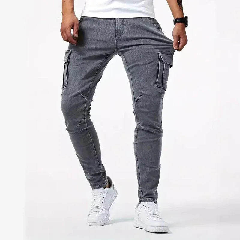 Pantalones vaqueros de tubo informales para hombre, elásticos, con múltiples bolsillos, pequeños, ajustados, de calle, vaqueros Cargo de cintura media de Color sólido