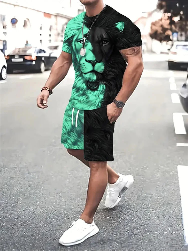 Conjunto Streetwear 3D León Hombre | Camiseta + Pantalón Corto Bicolor