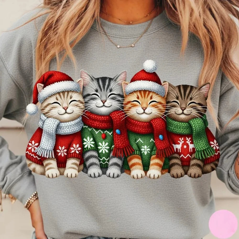 Suéter de mujer con estampado de gatos de Navidad de hilo falso, sudadera de sublimación navideña de gatitos de ganchillo, Sudadera con capucha de regalo de Navidad Kawaii para niña