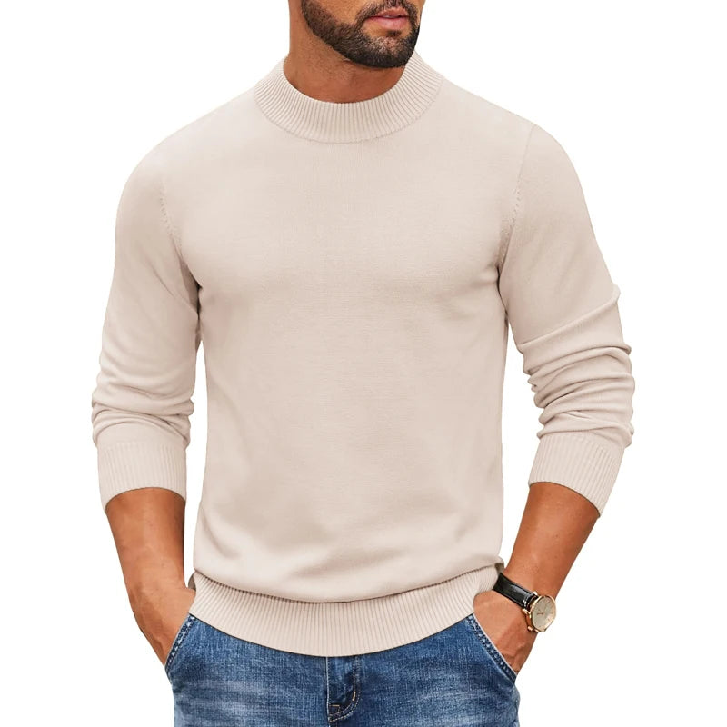 Jersey de punto acanalado con cuello alto simulado para hombre, suéter informal ajustado y pesado, jersey cálido, ropa de calle térmica