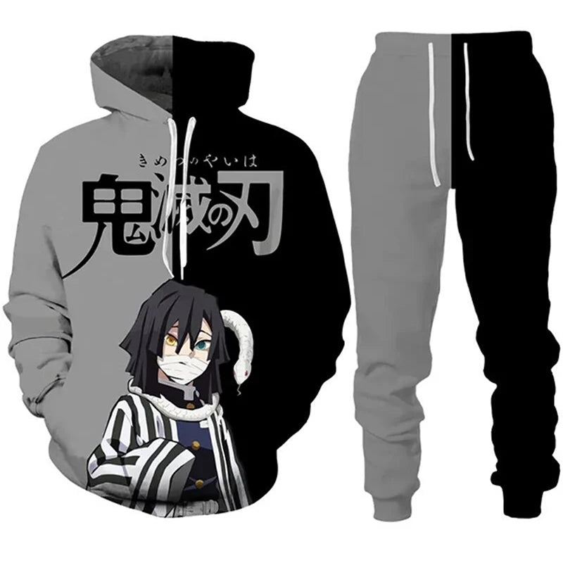 Sudaderas con capucha de Anime Demon Slayer, pantalones de Cosplay con estampado 3D + Sudadera con capucha, conjunto de 2 uds, chándal para hombre, ropa de calle Vintage de gran tamaño, conjuntos de pantalones con capucha