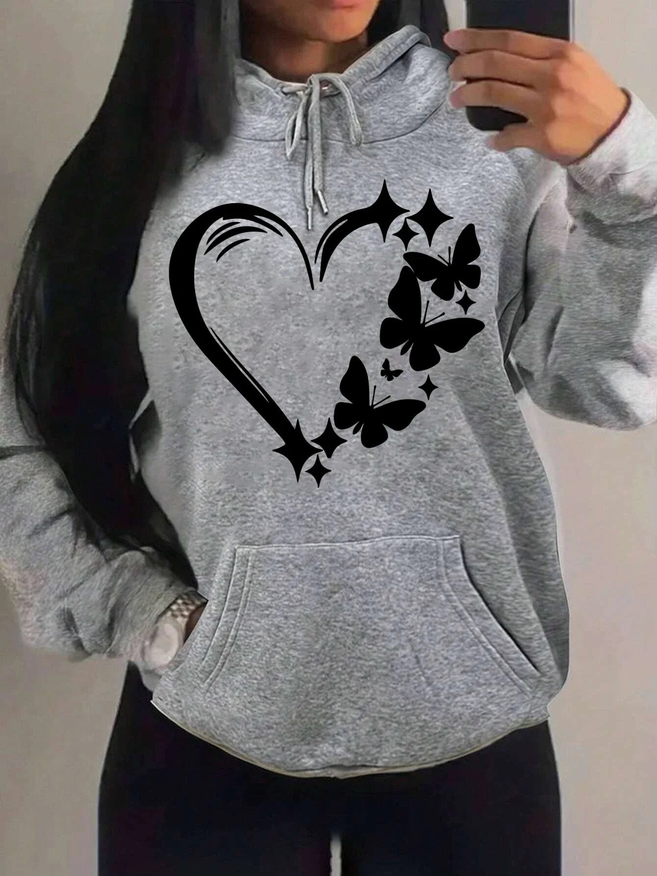Sudadera con capucha con estampado de amor y mariposa para mujer, moda urbana de Hip Hop, ropa de bolsillo, Sudadera con capucha Retro multicolor