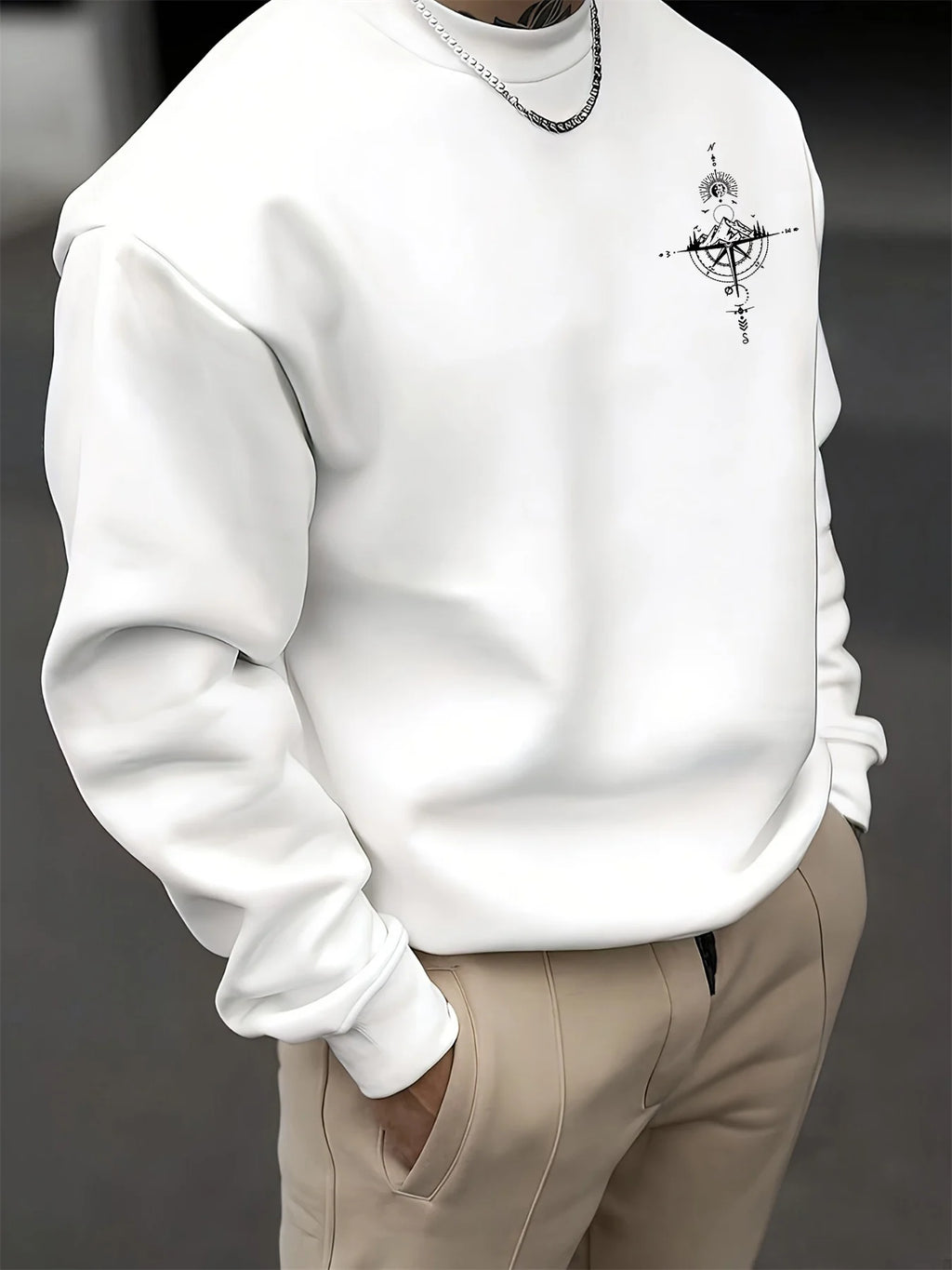 Sudadera holgada informal de otoño e invierno para hombre, sudadera clásica de manga larga con estampado geométrico de montaña y color beige a la moda