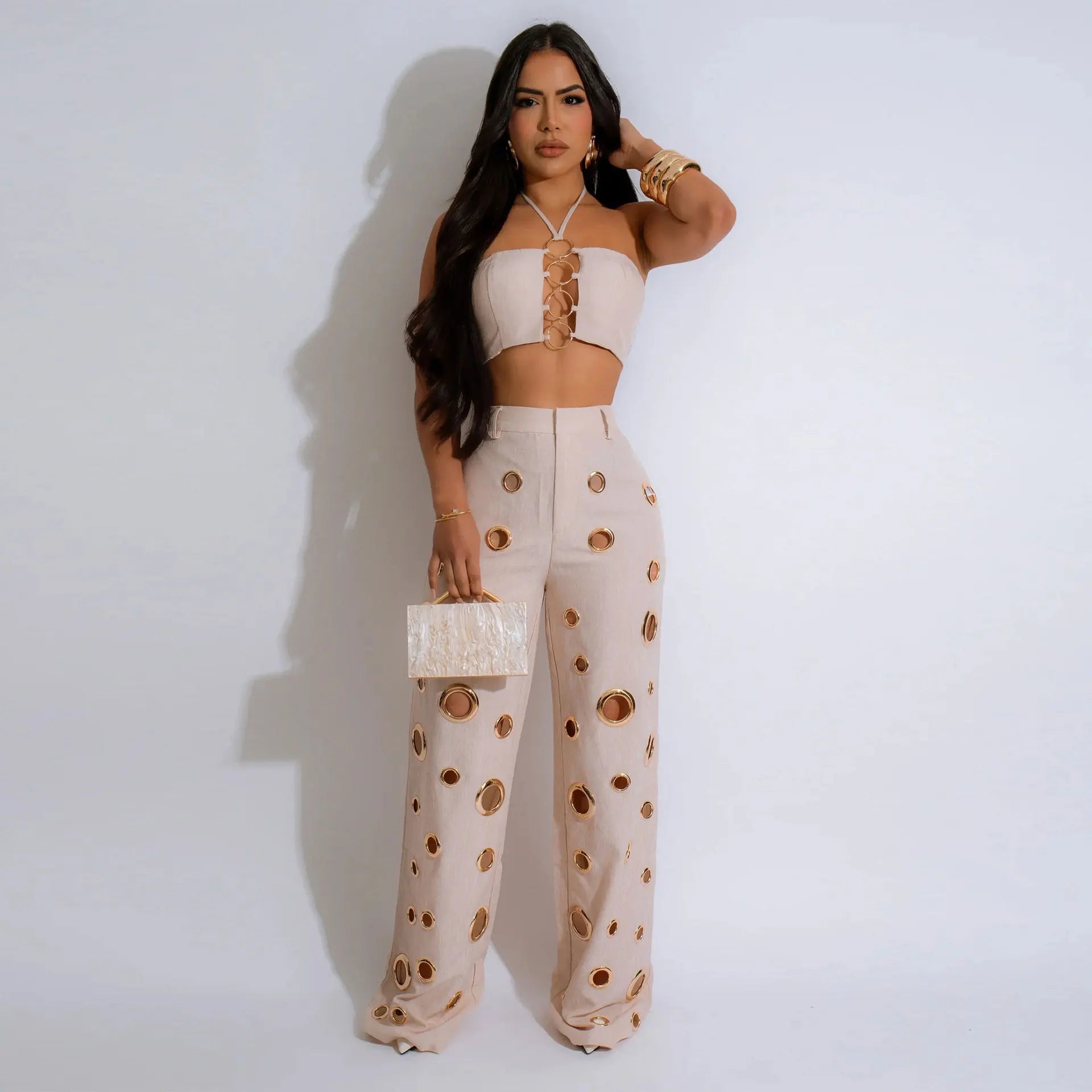 CM.YAYA-Conjunto de dos piezas para mujer, Top sin mangas y pantalones de pierna ancha, traje calado con agujeros, chándal de calle Sexy de verano