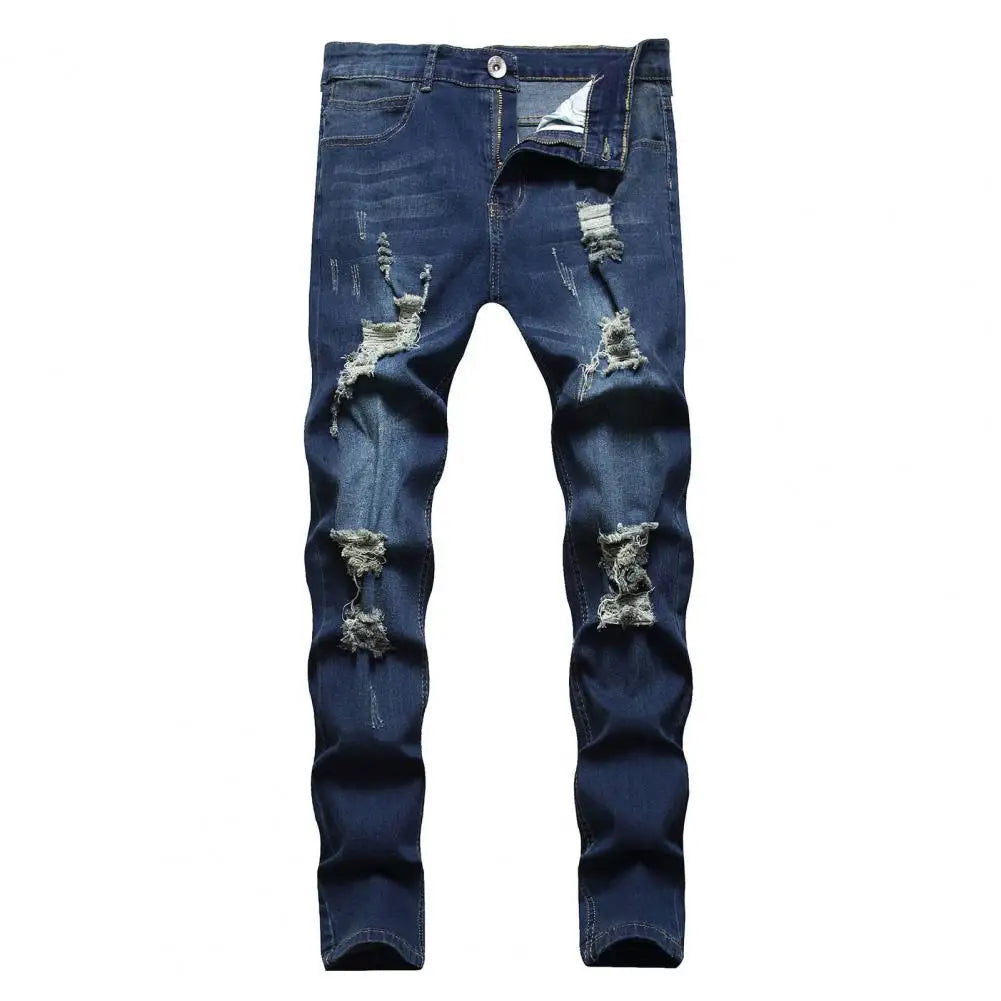 Vaqueros ajustados para hombres  Pantalones vaqueros elásticos pintados ajustados rasgados desgastados plisados hasta la rodilla pantalones casuales de marca para hombre