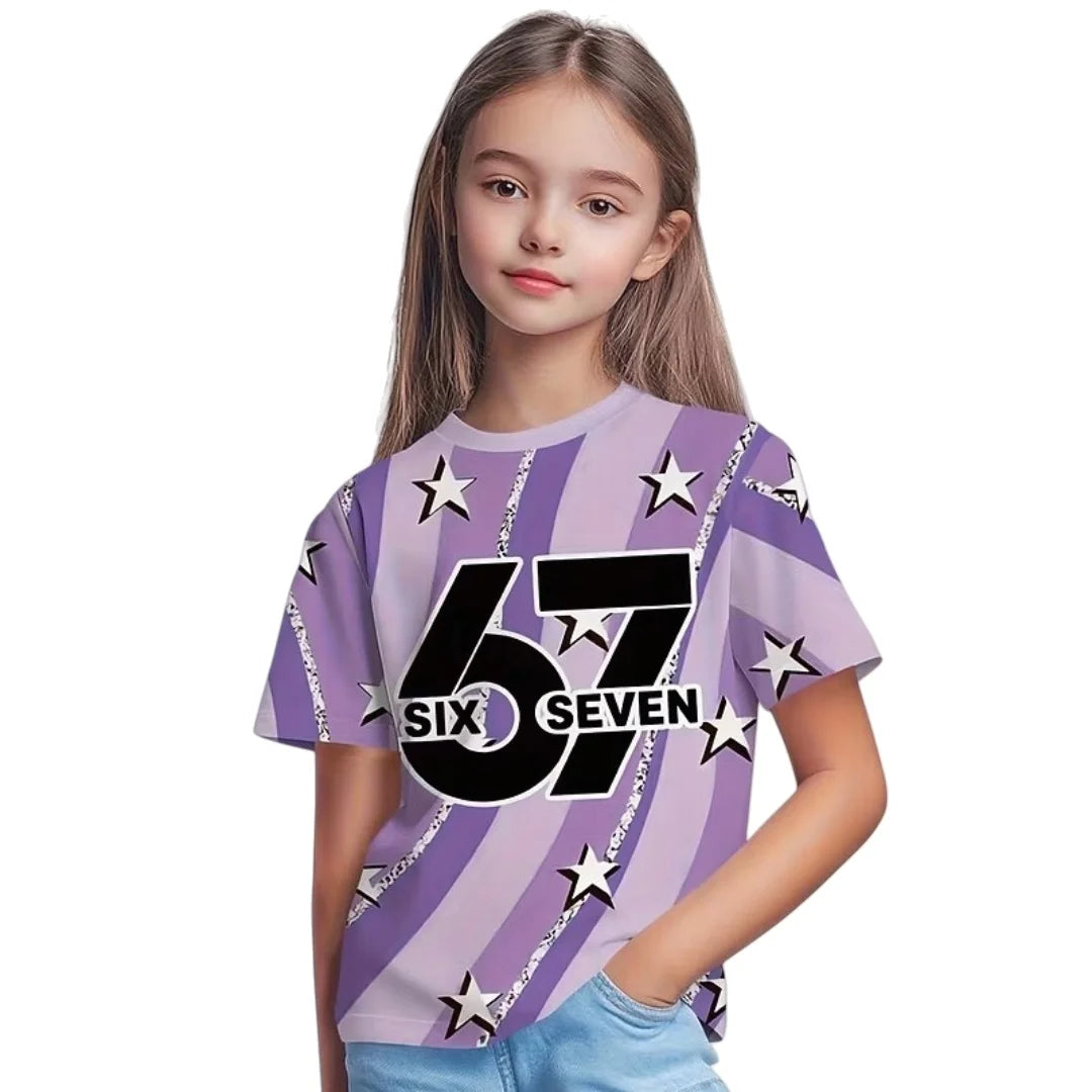 Nueva camiseta 67 Meme para niños y niñas, camisetas de manga corta con estampado 3D de tinta salpicada a la moda para niñas, Top de cuello redondo, ropa holgada para niños