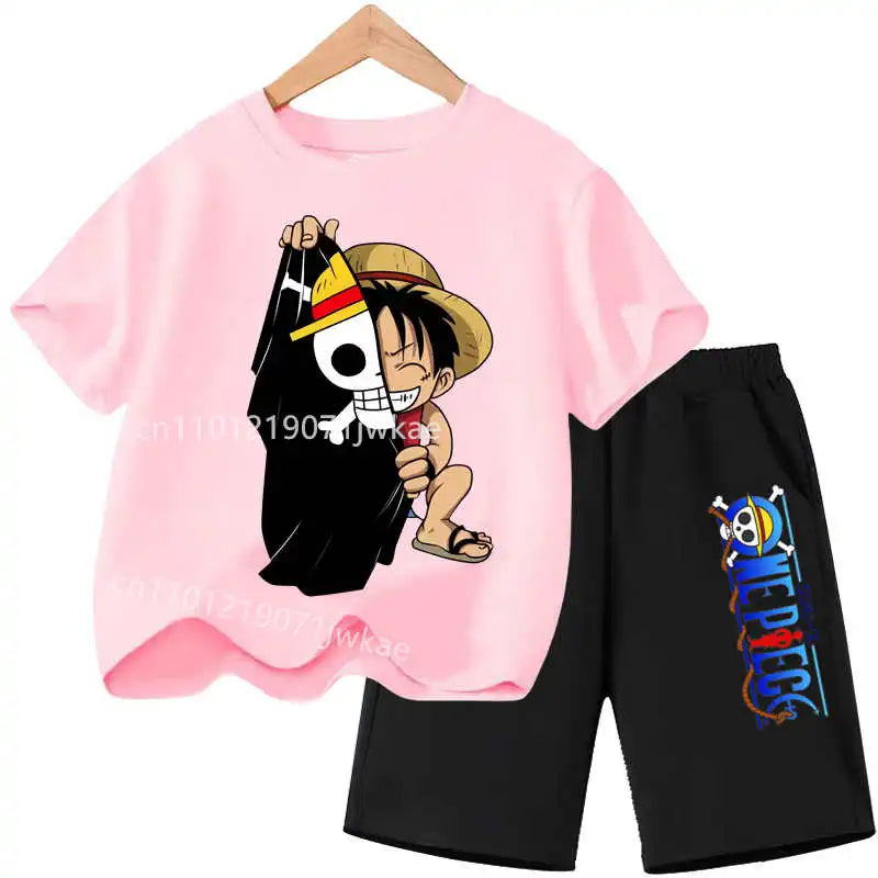 Conjunto de Ropa de Verano para Niños, Camiseta de Manga Corta con Estampado de Anime para Niños y Niñas, Pantalones Cortos, 2 Piezas, Traje de una Pieza para Niños, Chopper Luffy
