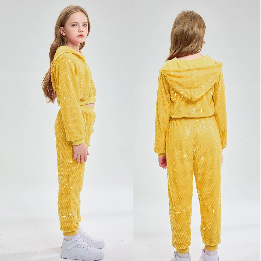 LOlanta-Conjunto de chaqueta y pantalones con capucha para niña, 2 piezas, lentejuelas, ropa de baile de Hip Hop, trajes de fiesta temáticos para niños de 5 a 12 años