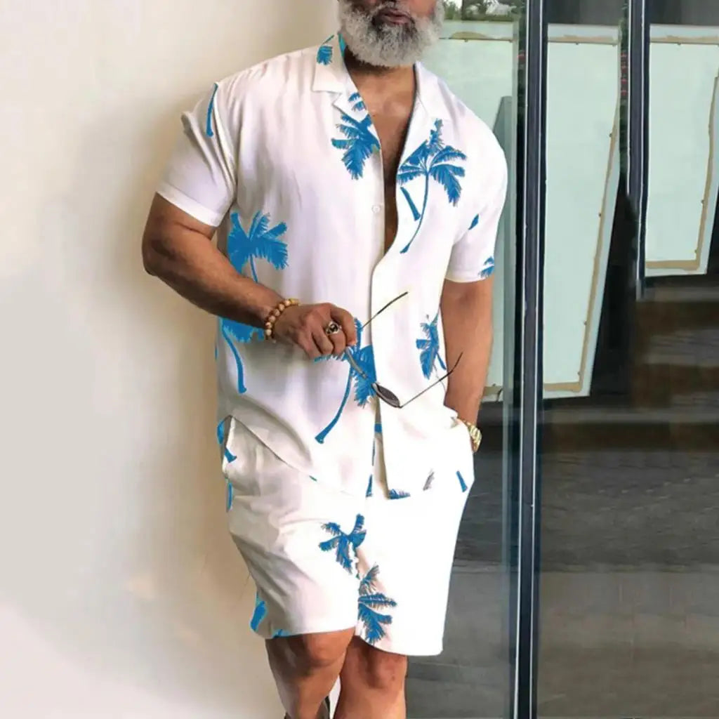 Conjunto Hawaiano 3D Árbol de Coco Hombre | Camisa y Pantalón Corto