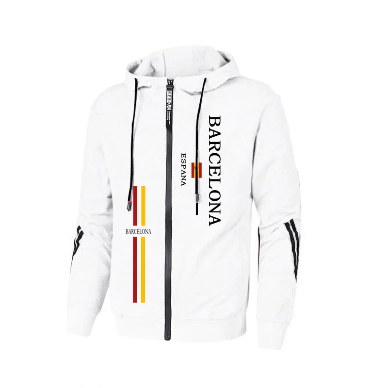 Otoño Invierno trajes deportivos masculinos Barcelona estampado chándal para hombres cremallera Sudadera con capucha y pantalones jogger urbano Casual moda ropa deportiva