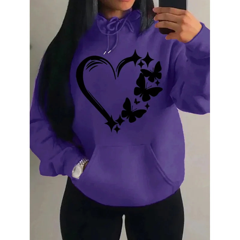Sudadera con capucha con estampado de amor y mariposa para mujer, moda urbana de Hip Hop, ropa de bolsillo, Sudadera con capucha Retro multicolor