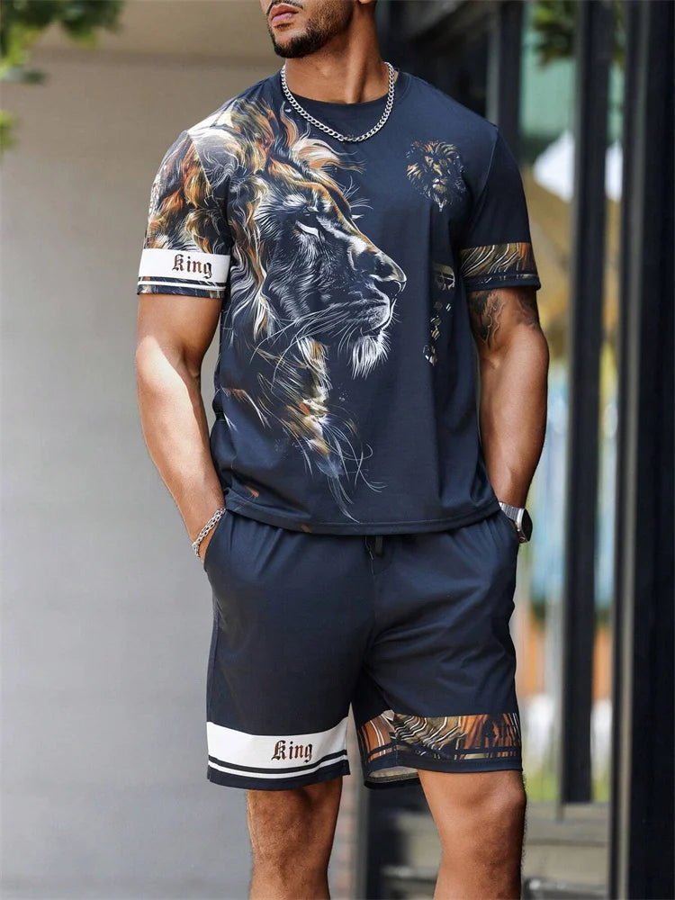 Nueva 2024 Camiseta de manga corta con cuello redondo, conjunto de pantalones cortos de moda con estampado de León en 3D, conjunto de 2 piezas de deportes de verano para hombres