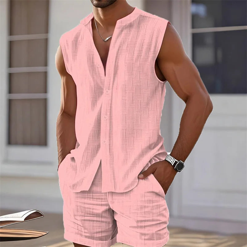 Conjunto Hawaiano Hombre de 2 Piezas | Camisa Chaleco sin Mangas y Pantalones Cortos para Playa