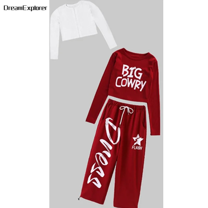 Top corto k-pop para niñas, pantalones deportivos con letras a la moda, conjuntos de ropa de grupo para niñas, ropa informal estilo Hip Hop, disfraces de Jazz para niños