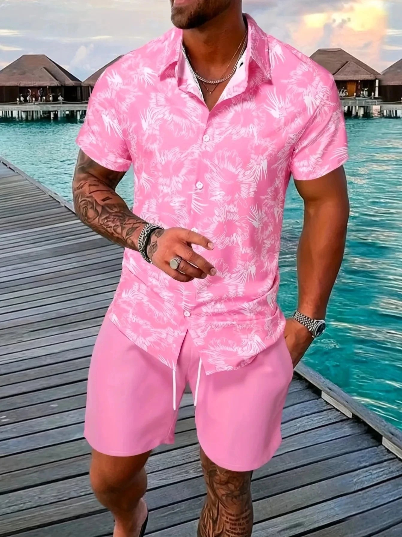 2024 conjuntos de hombre con estampado de retazos y solapa, camisa informal de manga corta, pantalones cortos de playa, ropa de calle de verano, trajes Hawaianos para S-5XL