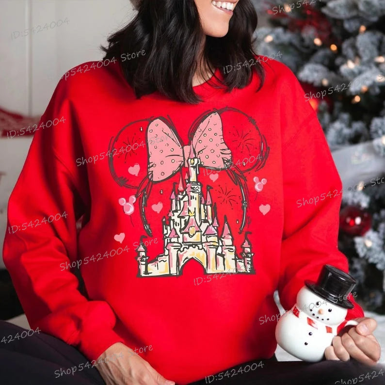 Estética Castillo Minnie sudadera de manga larga cuello redondo Magic Kingdom pulóver dibujos animados Mickey Minnie mujer otoño sudaderas