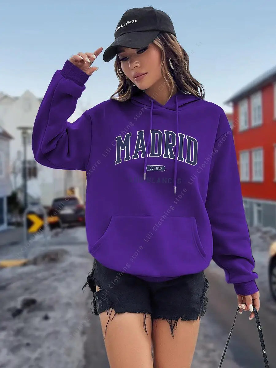 Sudadera con Capucha para Mujer con Estampado de Letras MADRID, Otoño Invierno, Tops de Alta Calidad, Sudadera Estética, Camisa con Capucha, Ropa Holgada para Mujer
