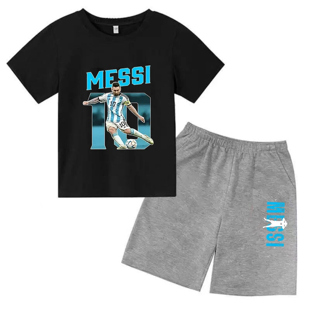 Conjunto de verano para niños, camiseta de manga corta con estampado Messi + Pantalones cortos, conjunto de 2 uds., traje deportivo informal a la moda para niños y niñas, ropa para fanáticos
