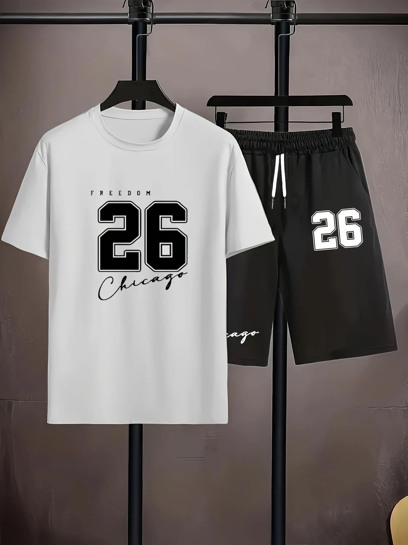 Conjunto relajado con temática Chicago de verano para hombre, conjunto de camiseta y pantalones cortos estampados talla 32, conjunto deportivo informal de dos piezas de talla grande para adultos