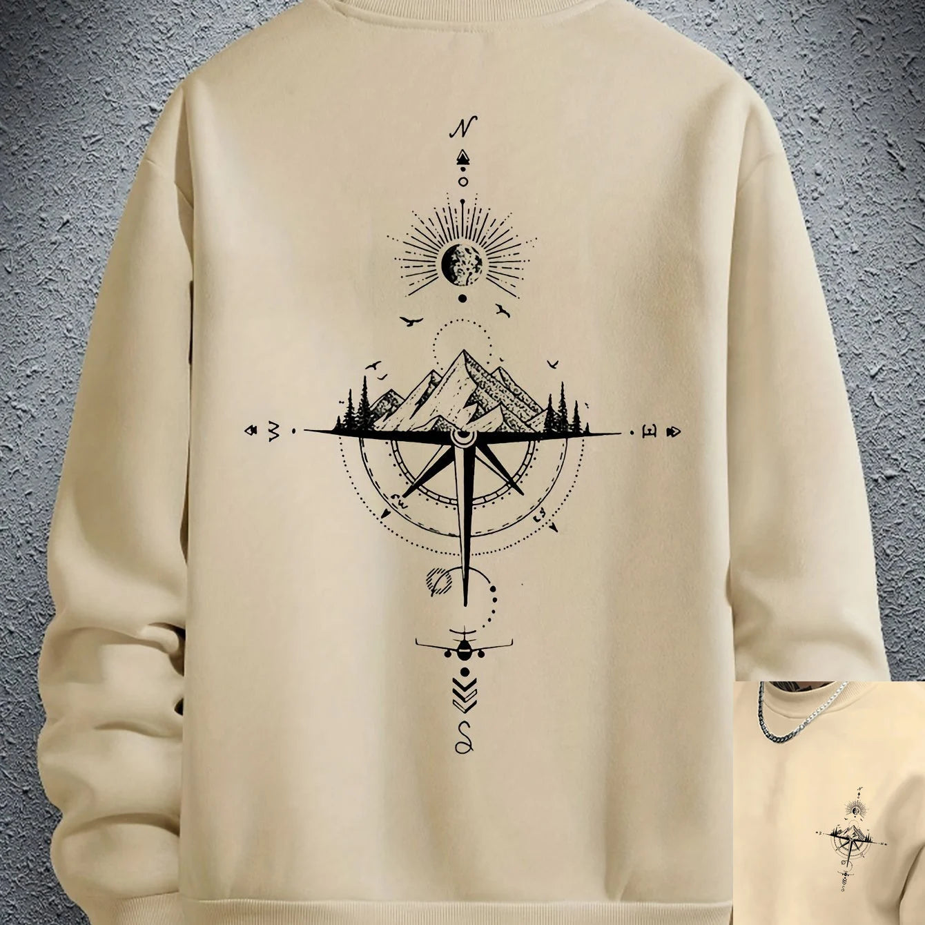 Sudadera holgada informal de otoño e invierno para hombre, sudadera clásica de manga larga con estampado geométrico de montaña y color beige a la moda