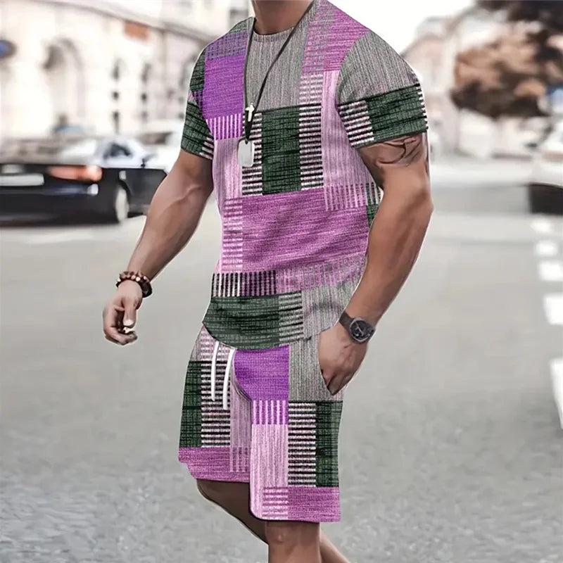 2024 de moda para hombre, ropa deportiva, camiseta de manga corta y pantalones cortos deportivos de verano, traje de retazos Vintage Casual, traje de dos piezas para hombre