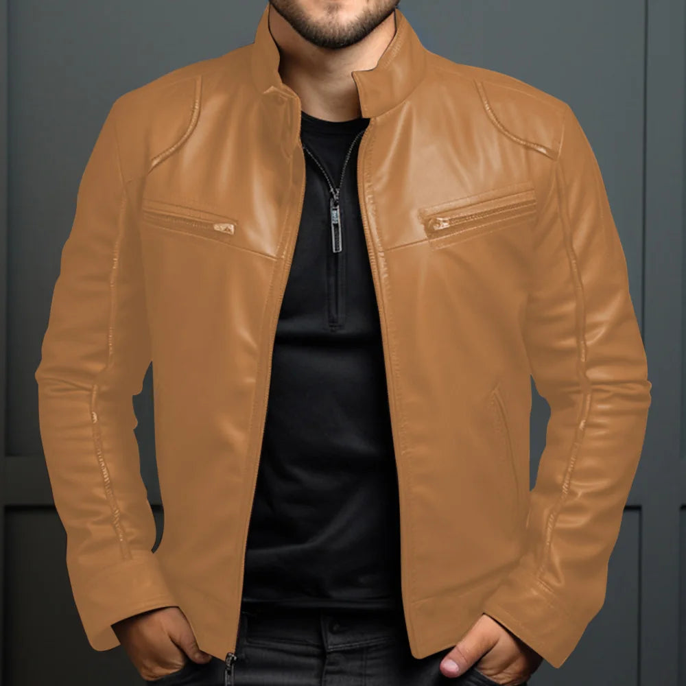 Chaqueta informal de cuero PU para hombre, estilo Punk, cuello con cremallera, multicremallera, ropa de calle de estilo motero más baja a la moda