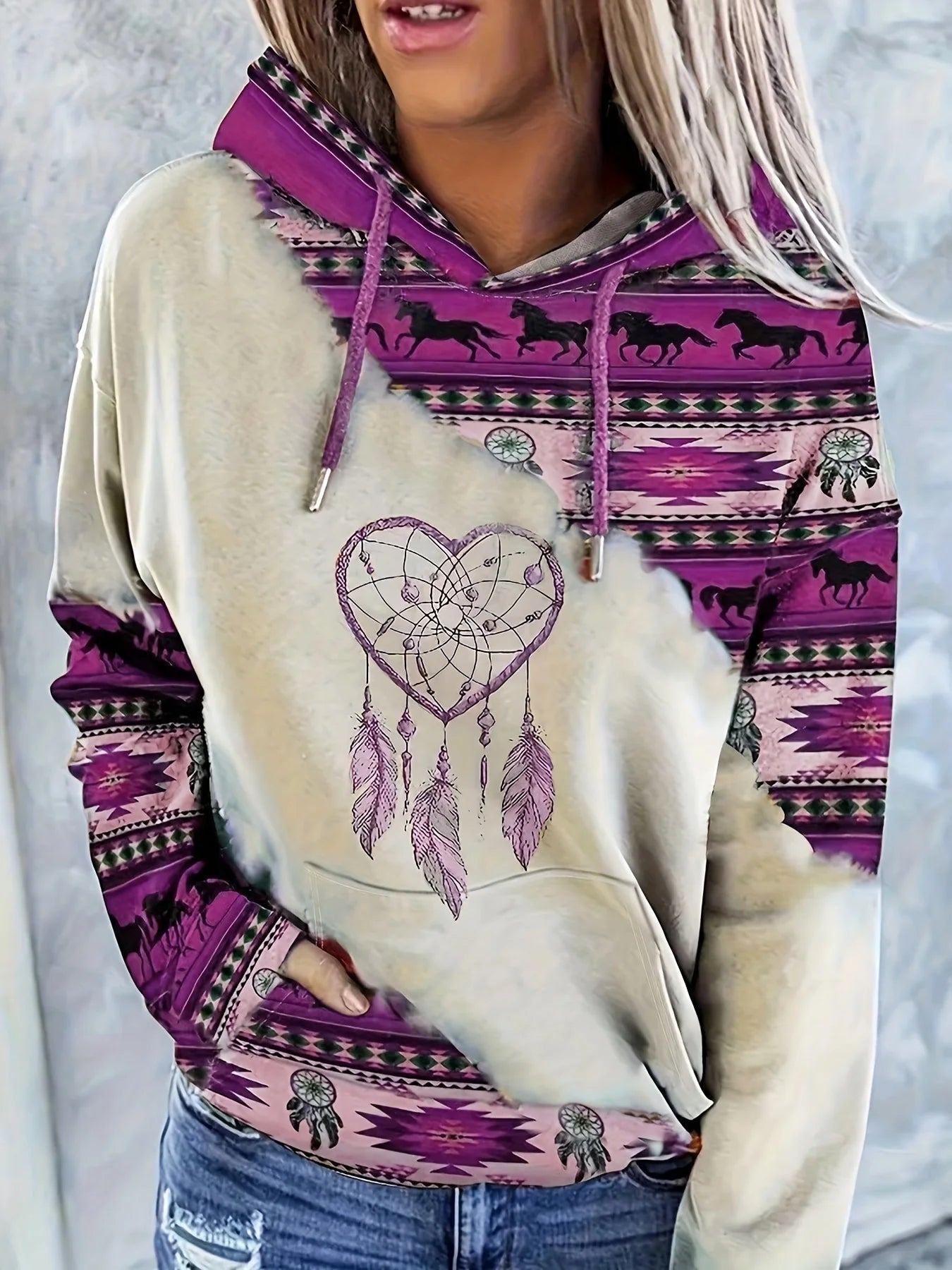 Sudadera con capucha de cuello redondo para mujer, informal, a la moda, estilo étnico occidental, estampado retro, top con capucha para mujer