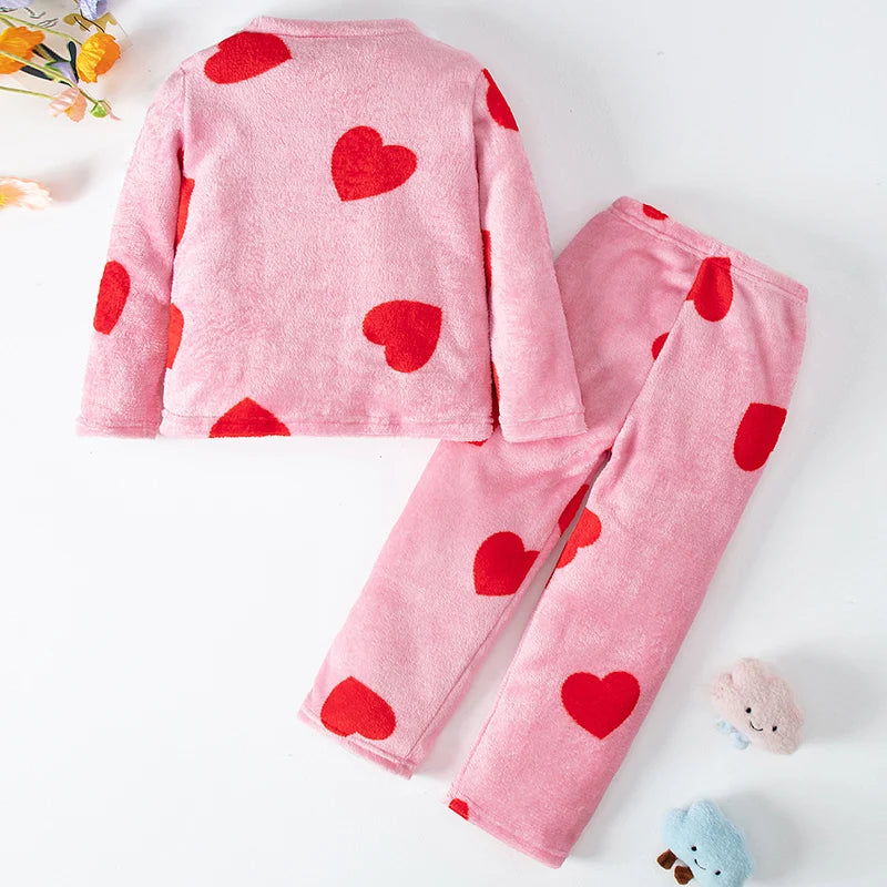 Conjunto de 2 piezas de franela con estampado de moda para otoño/invierno para niños, camiseta con cuello redondo y calentamiento de corazón para niñas, pantalones de lana suave para niños
