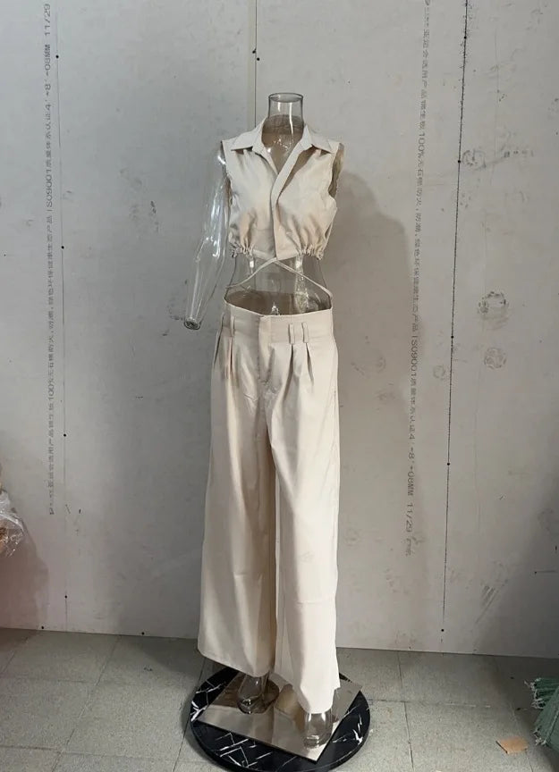 Conjunto de pantalones de 2 piezas para mujer, Top corto sin mangas con cuello en V y solapa lisa + pantalones informales de pierna ancha con bolsillo de cintura alta, ropa de calle