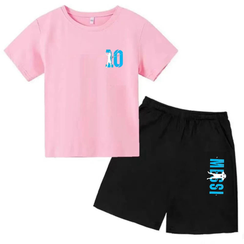 Conjunto de verano para niños, camiseta de manga corta con estampado Messi + Pantalones cortos, conjunto de 2 uds., traje deportivo informal a la moda para niños y niñas, ropa para fanáticos