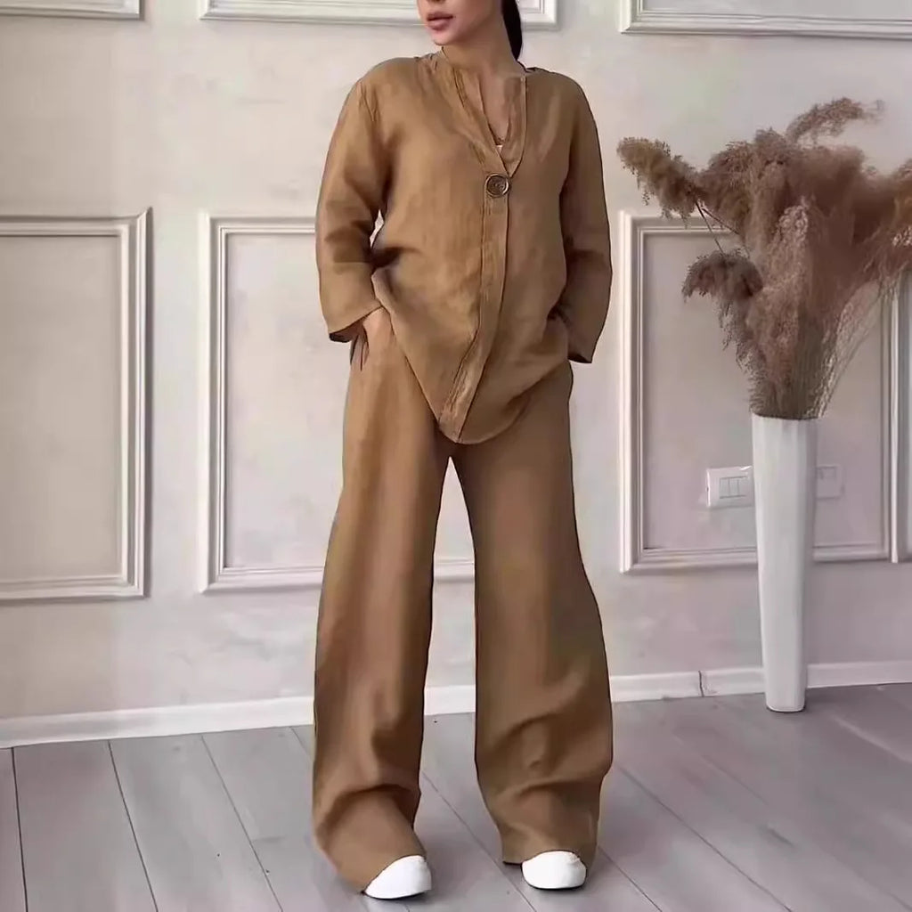 Conjuntos de lino y algodón, dos piezas, venta informal, manga larga, blusa holgada con botones, camisa y pantalones sueltos de pierna ancha de alta elasticidad, trajes NMD-3021