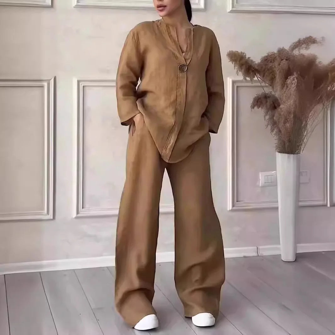 Conjuntos de lino y algodón, dos piezas, venta informal, manga larga, blusa holgada con botones, camisa y pantalones sueltos de pierna ancha de alta elasticidad, trajes NMD-3021