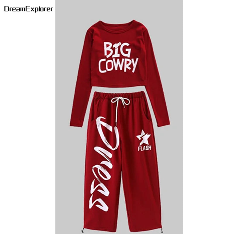 Top corto k-pop para niñas, pantalones deportivos con letras a la moda, conjuntos de ropa de grupo para niñas, ropa informal estilo Hip Hop, disfraces de Jazz para niños