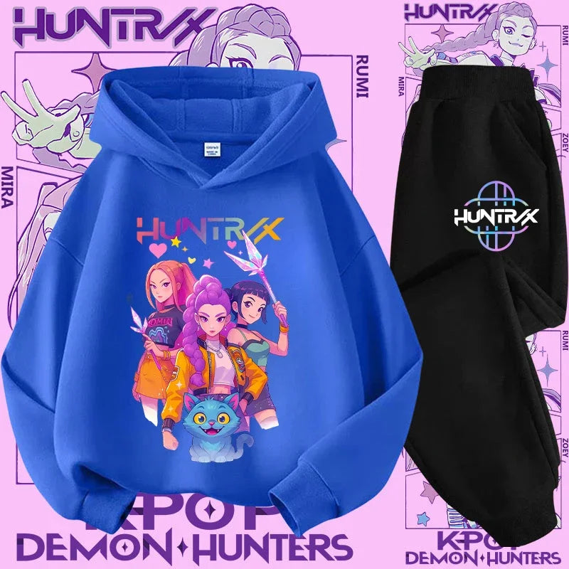 Ropa deportiva para niñas de 2 a 12 años, conjunto de 2 piezas, Top informal bonito, K-pop Demon Hunter, conjunto de camisa con capucha estampada, traje de pantalón, chándal
