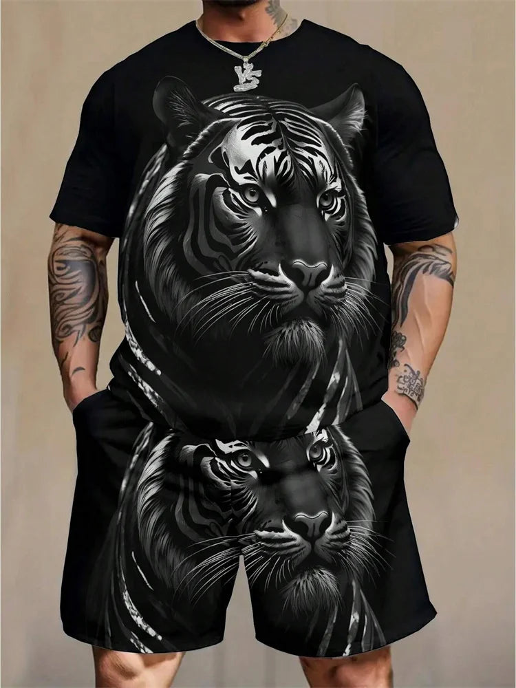 Nueva 2024 Camiseta de manga corta con cuello redondo, conjunto de pantalones cortos de moda con estampado de León en 3D, conjunto de 2 piezas de deportes de verano para hombres