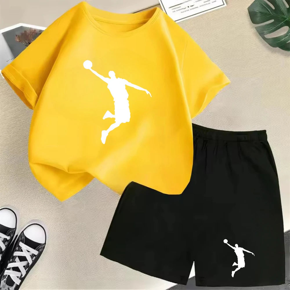 Conjunto de camiseta de manga corta de verano para niños, moda deportiva, pantalones cortos para niños y niñas, conjunto informal de 2 uds con estampado de gráficos de marca, conjunto para chico