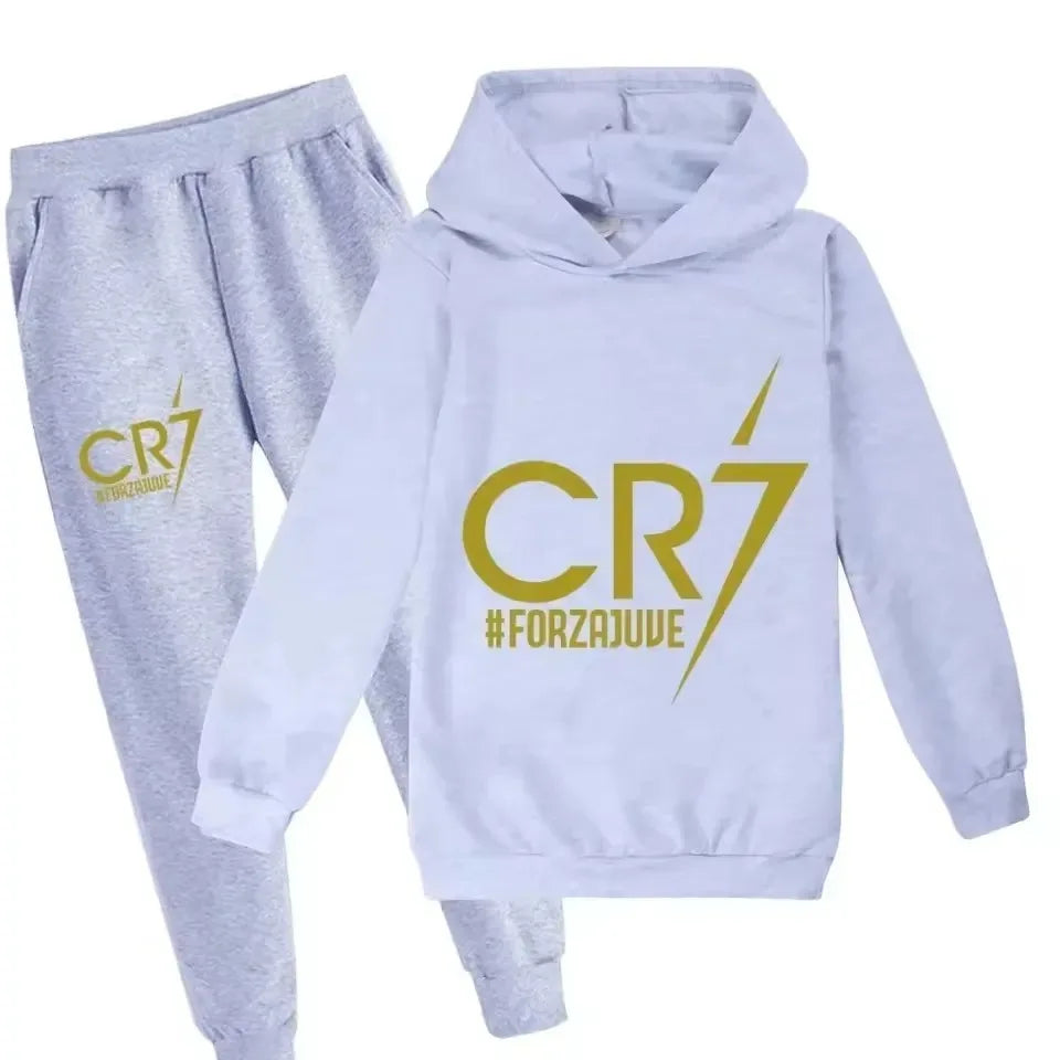 Conjunto de Sudadera con Capucha y Pantalones con Estampado de Fútbol CR7 para Niños de 3 a 12 Años, Primavera-Otoño, 2 Piezas, Conjunto Infantil, Trajes de Pantalones, Ropa para Niños