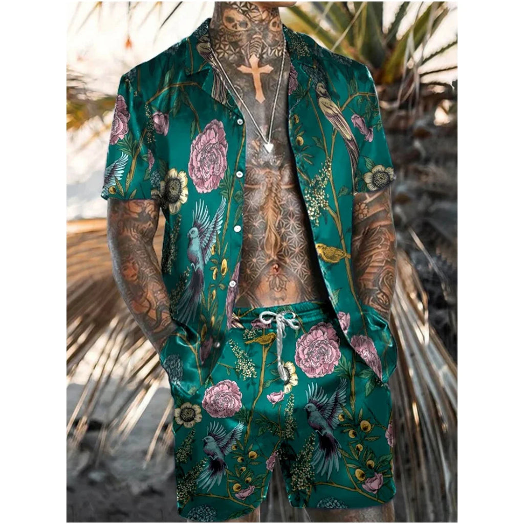 Conjunto de camisa para hombre con estampado 3D de estilo étnico, pantalones cortos de playa de manga corta con flores Retro, conjunto informal hawaiano de 2 piezas, ropa de calle de verano